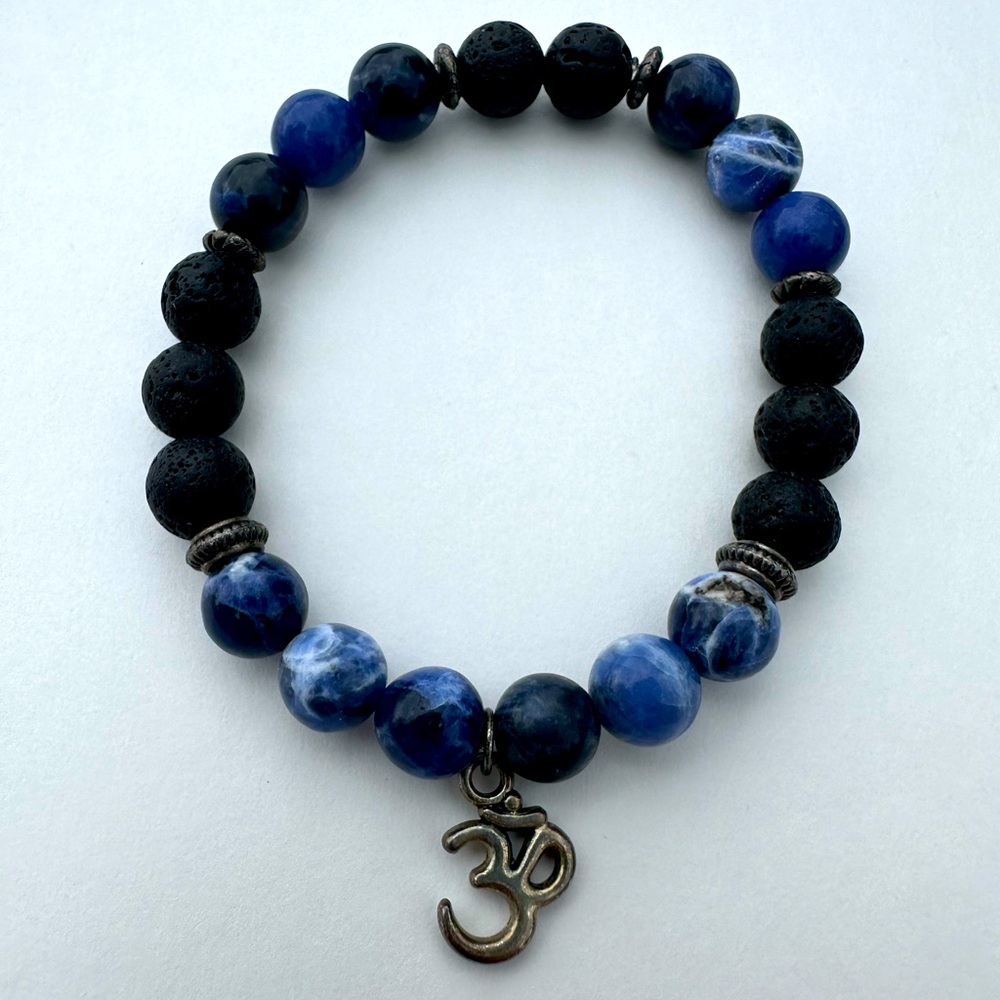 Ohm Charm Blue / White / Black Lava Stone Beaded Bracelet